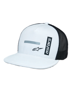 Alpinestars Alter Trucker Hat, blanca y negra, corona blanca estructurada y visera plana, paneles traseros de malla negra, marca vertical 'astars' y estampado de logotipo reflectante, accesorio casual inspirado en el automovilismo