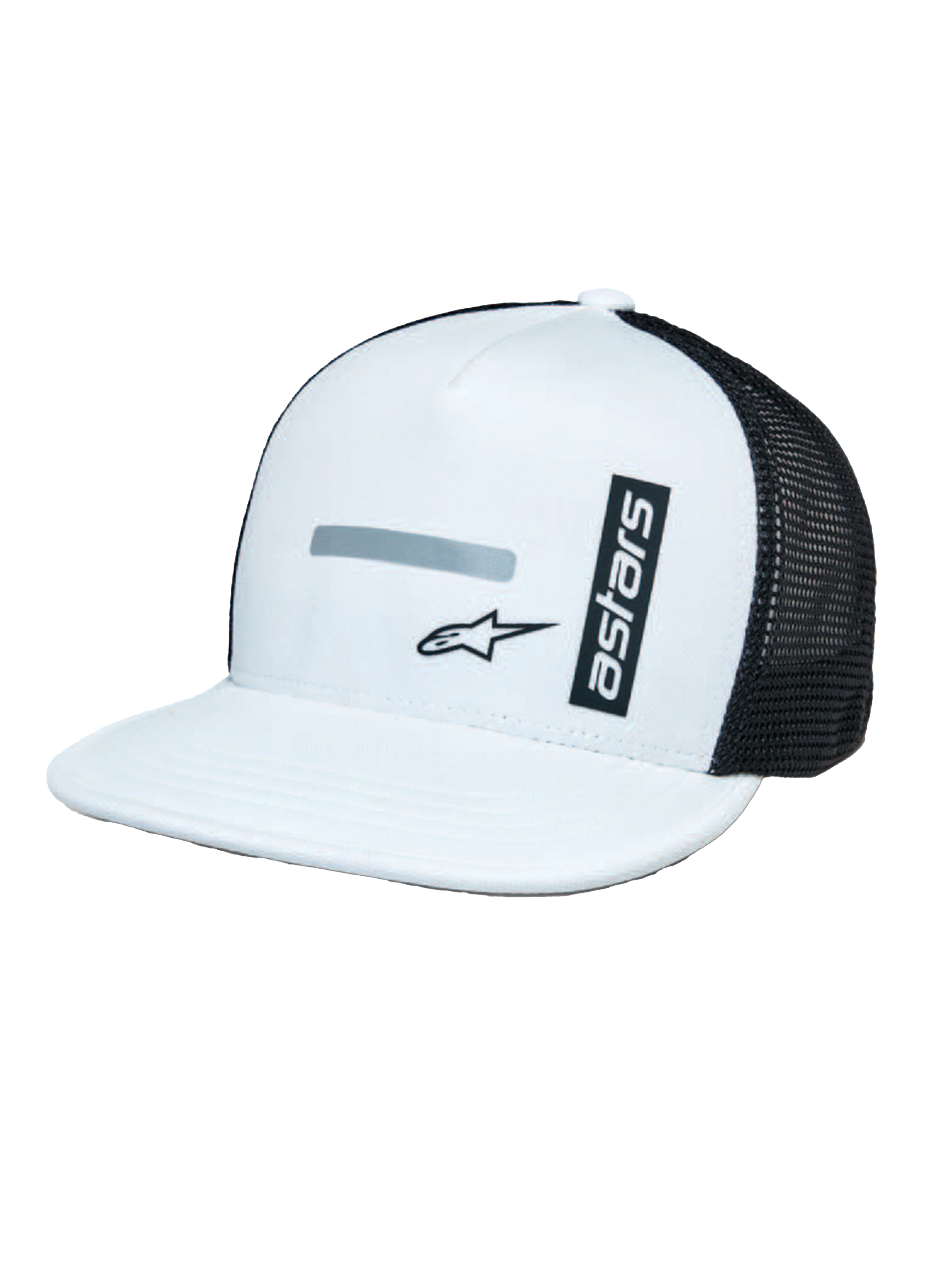 Alpinestars Alter Trucker Hat, blanca y negra, corona blanca estructurada y visera plana, paneles traseros de malla negra, marca vertical 'astars' y estampado de logotipo reflectante, accesorio casual inspirado en el automovilismo