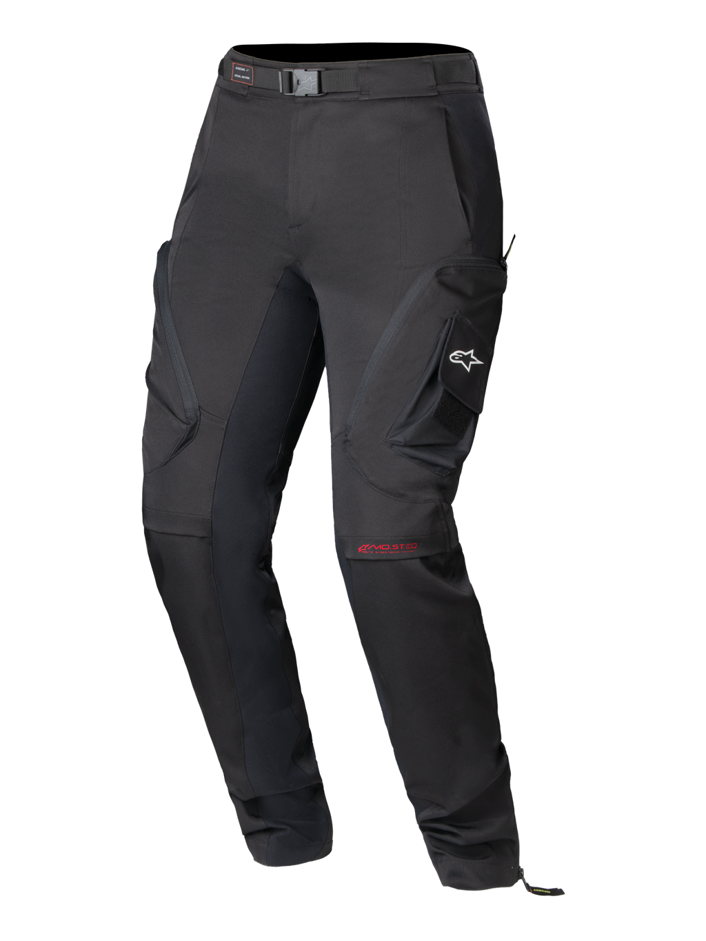 Pantalones Alpinestars Actea para Mujer, pantalones de moto negros, diseño técnico de carretera con bolsillos cargo laterales y el logo A-star en blanco, marca MO.ST.EQ roja en la rodilla, cinturón integrado y un ajuste cónico moderno.