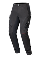 Pantalones Alpinestars Actea para Mujer, pantalones de moto negros, diseño técnico de carretera con bolsillos cargo laterales y el logo A-star en blanco, marca MO.ST.EQ roja en la rodilla, cinturón integrado y un ajuste cónico moderno.