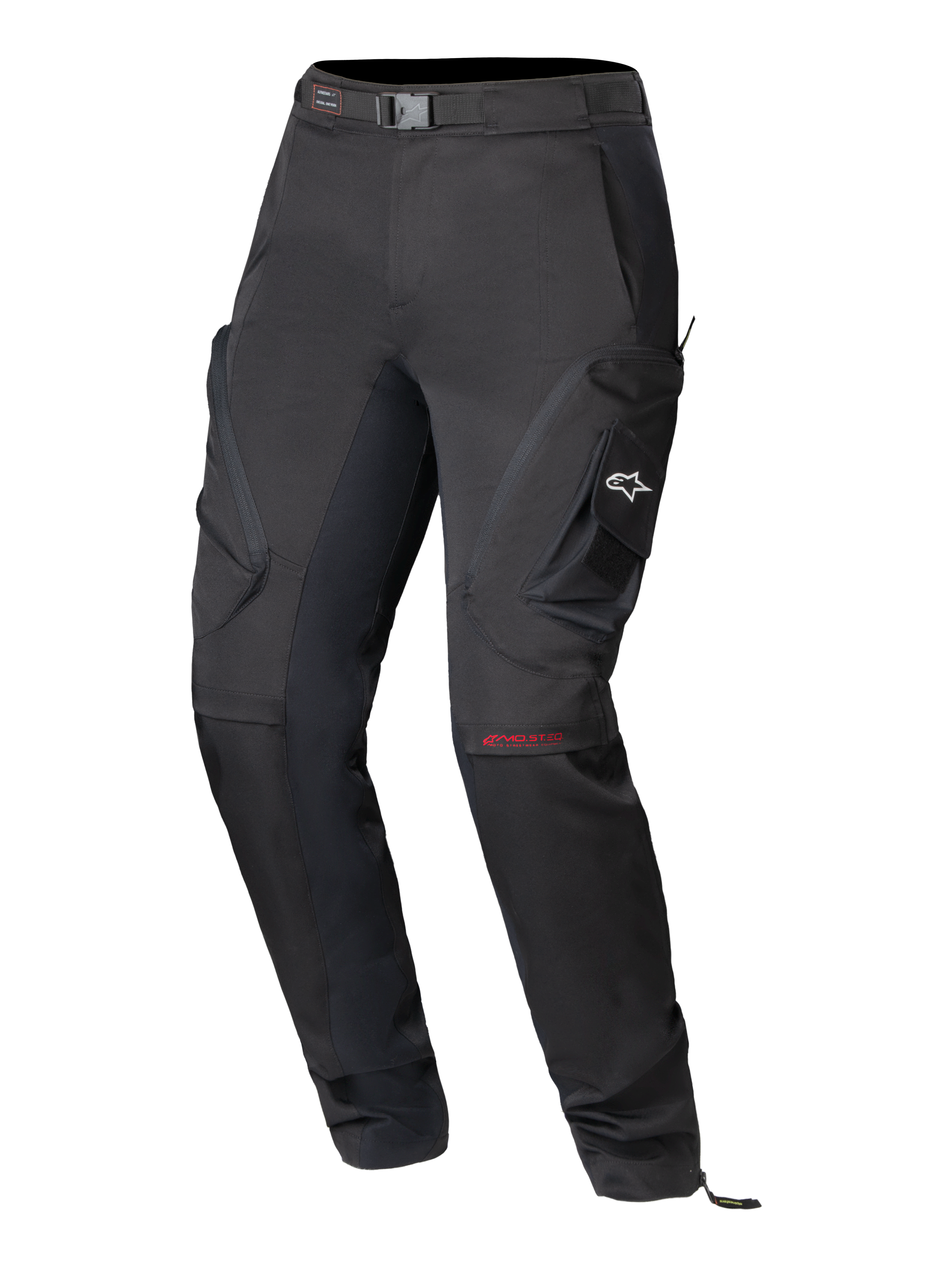 Pantalones Alpinestars Actea para Mujer, pantalones de moto negros, diseño técnico de carretera con bolsillos cargo laterales y el logo A-star en blanco, marca MO.ST.EQ roja en la rodilla, cinturón integrado y un ajuste cónico moderno.