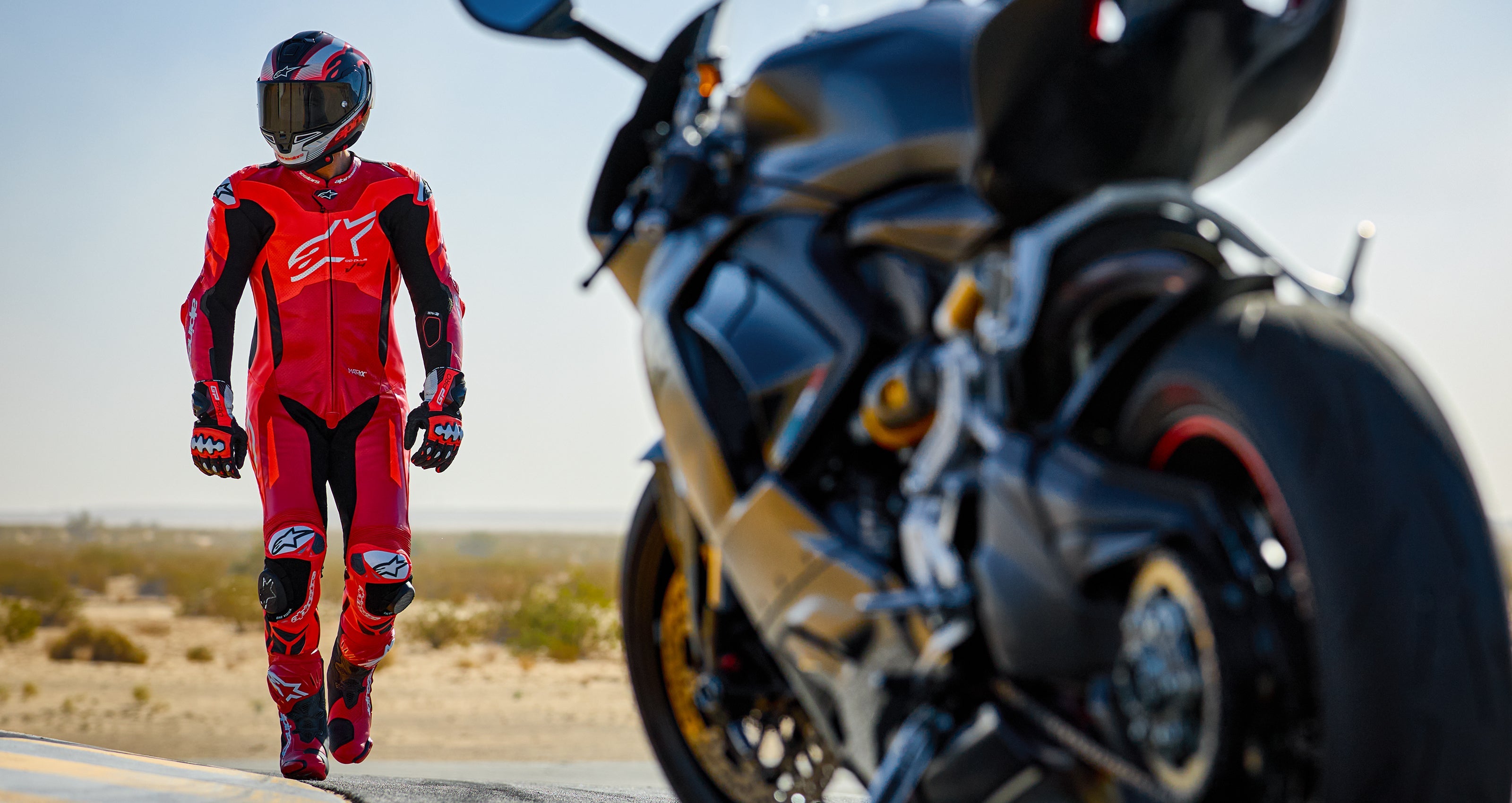 Alpinestars GP Plus V4 Sprint 1 Piece Leather Suit, Red Fluo and White, Tech-Air Ready professional racing gear for men.