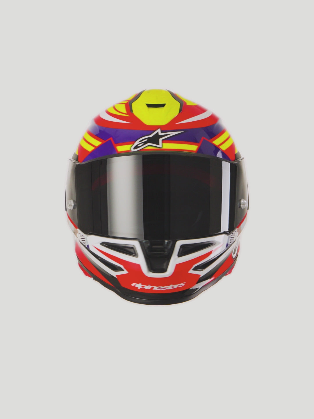 Alpinestars S-R7 Taiyo Furusato Helmet, Full Face Motorcycle Racing Helmet, 360-degree rotating view, Red and Yellow glossy graphic with Blue and White accents, Carbon Composite construction, ECE 22.06 certified.