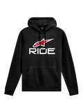 Alpinestars Ride Hoodie V 3, ropa deportiva casual, negra con texto RIDE en blanco y logotipo de estrella roja, bolsillo frontal tipo canguro, capucha con cordón, puños y dobladillo acanalados, diseño inspirado en el motorsport