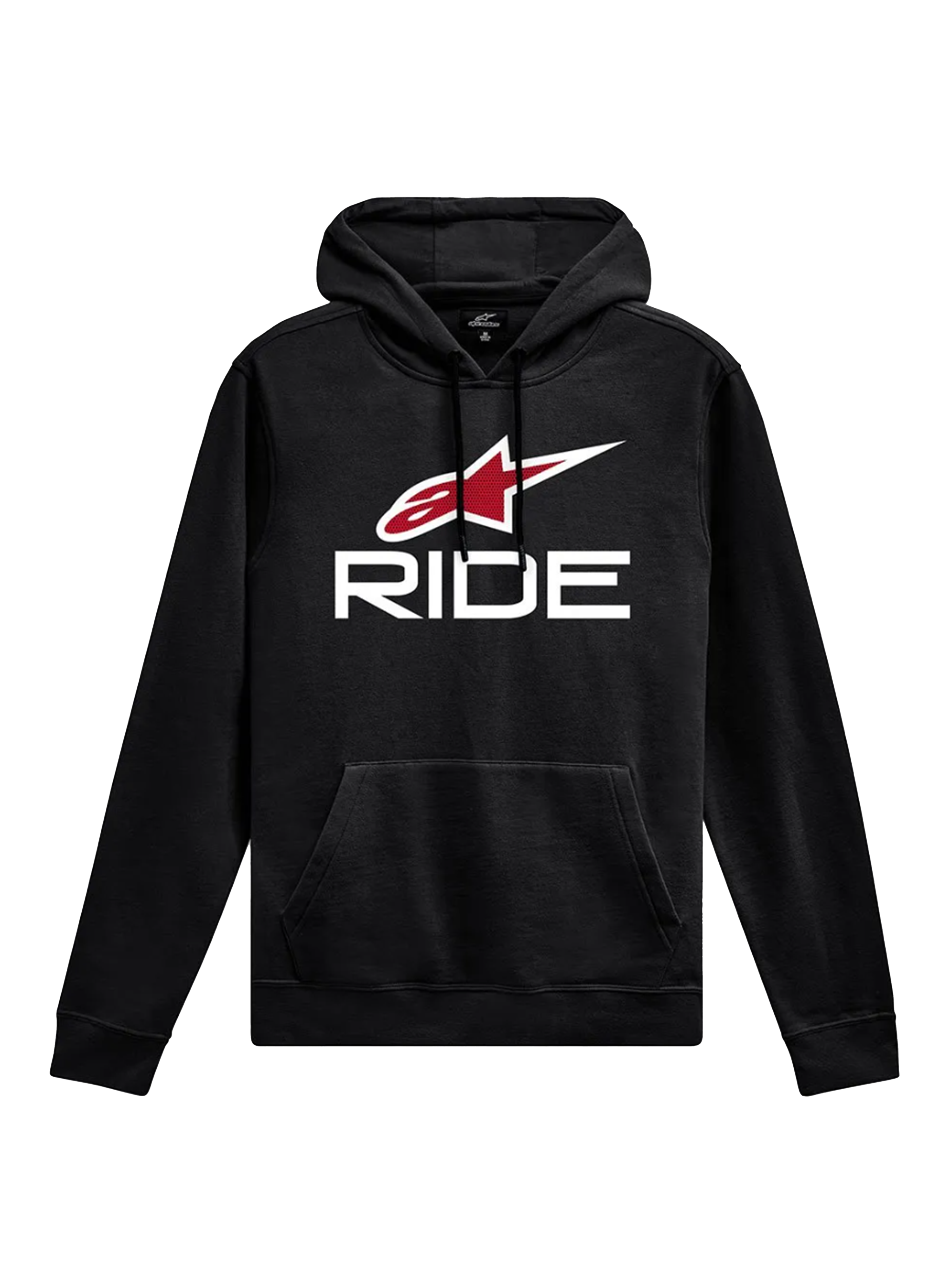 Alpinestars Ride Hoodie V 3, ropa deportiva casual, negra con texto RIDE en blanco y logotipo de estrella roja, bolsillo frontal tipo canguro, capucha con cordón, puños y dobladillo acanalados, diseño inspirado en el motorsport