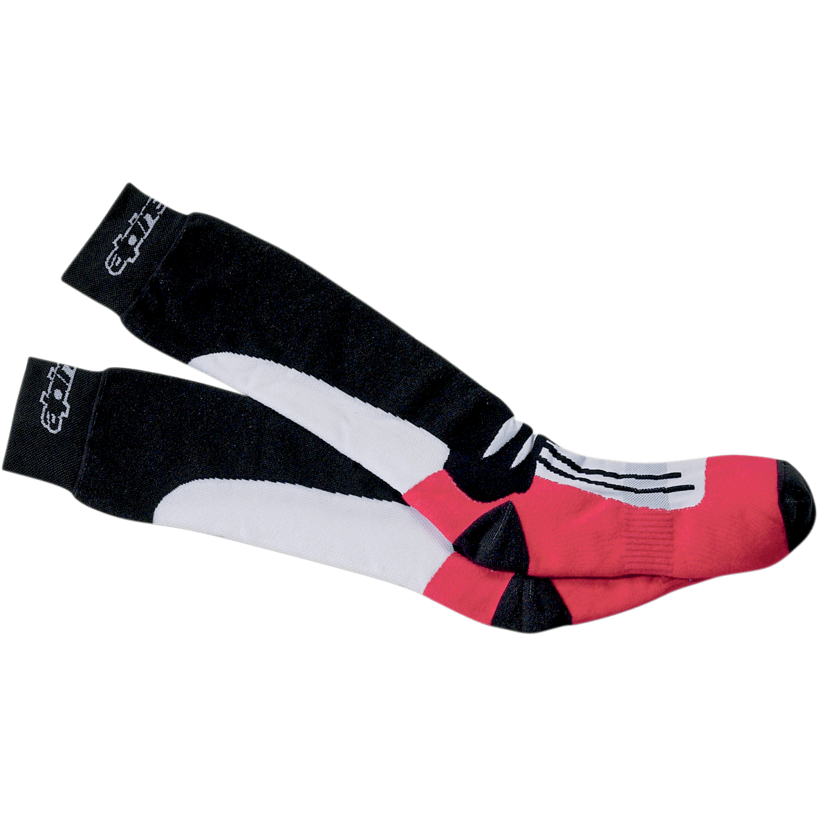 Alpinestars Road Racing Summer Socks, par de calcetines de competición para moto de media caña, negros, blancos y rojos, con puños negros y logotipo blanco, sección media con gráficos blancos y área del pie roja, construcción atlética transpirable