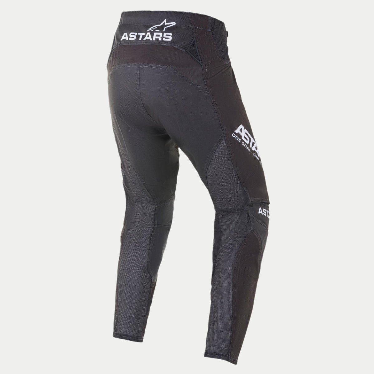 Alpinestars 2021 Techstar Phantom Pants, pantalones de motocross, negro y blanco, vista trasera con el logotipo ASTARS blanco en la cintura y el lateral del muslo, paneles de malla texturizada en color carbón en las piernas y diseño con ajuste de competición de alto rendimiento.