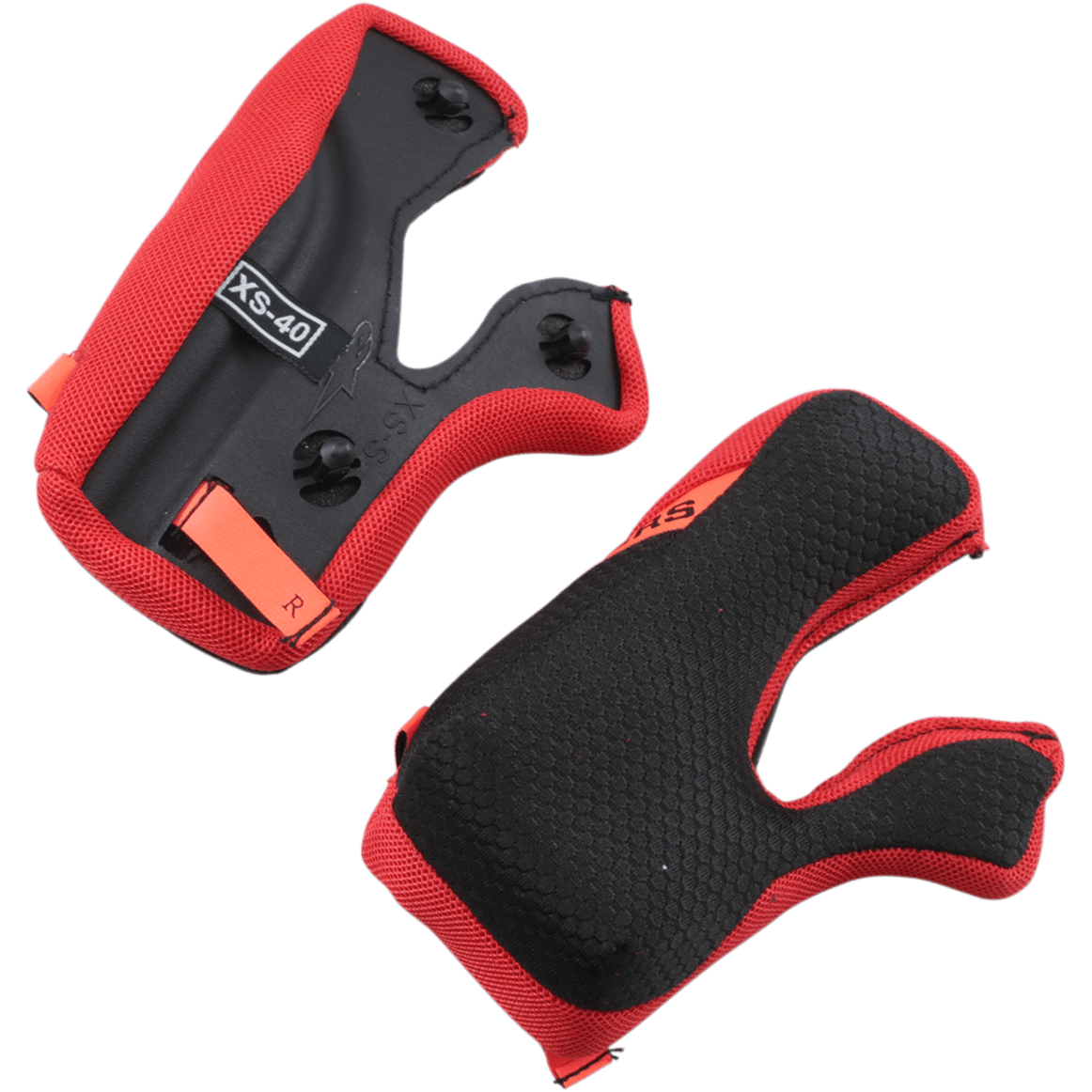 Alpinestars Supertech M10/M8 Cheek Pads +5mm, acolchado de repuesto para casco de motocicleta, rojo y negro, con una superficie interior con textura de panal y parte posterior negra con tiradores de emergencia naranjas, marca de talla XS-40