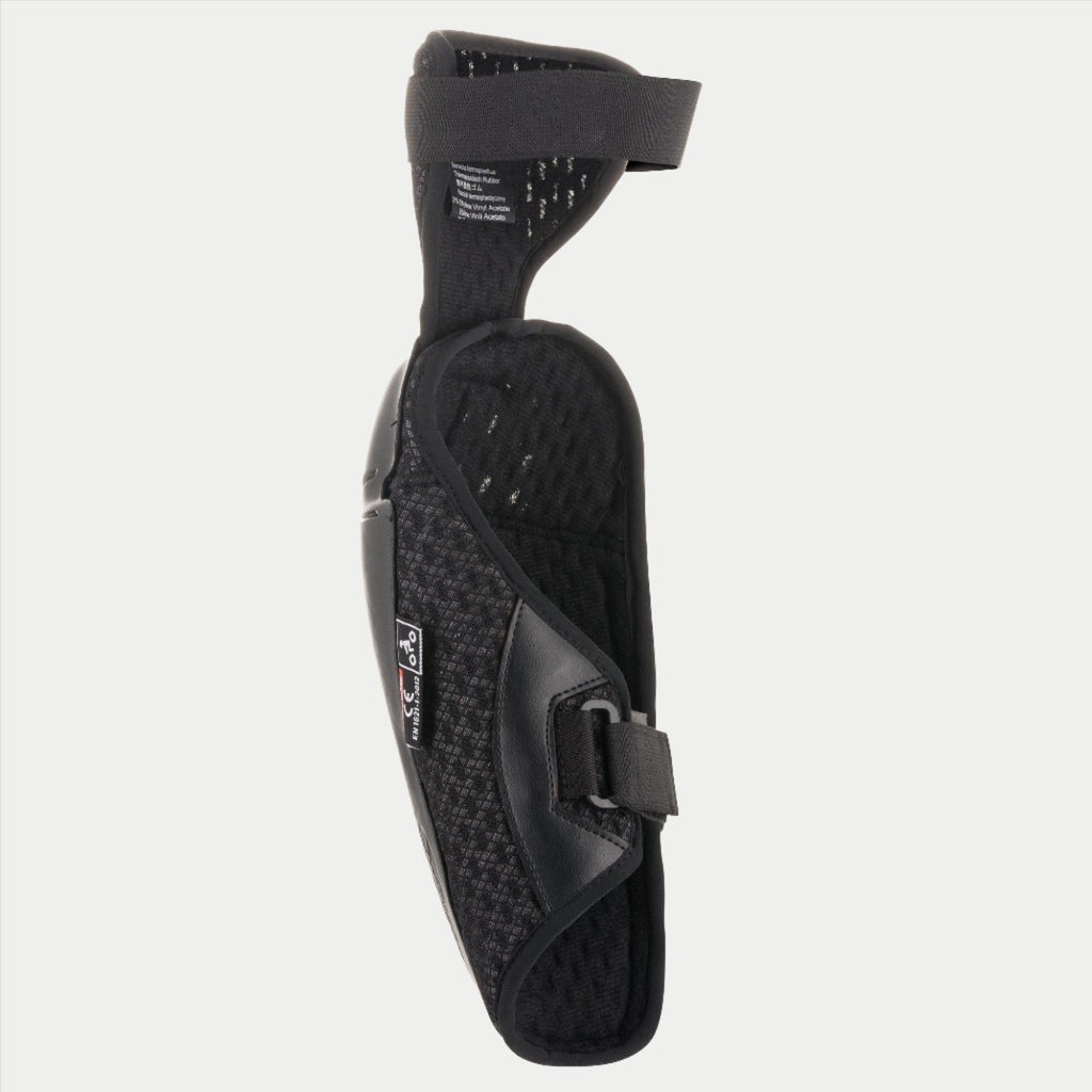 Alpinestars Youth Bionic Plus Elbow Protector, Black, inner view showcasing breathable 3D mesh lining and dual hook-and-loop strap closure, lightweight ergonomic design for youth motocross protection