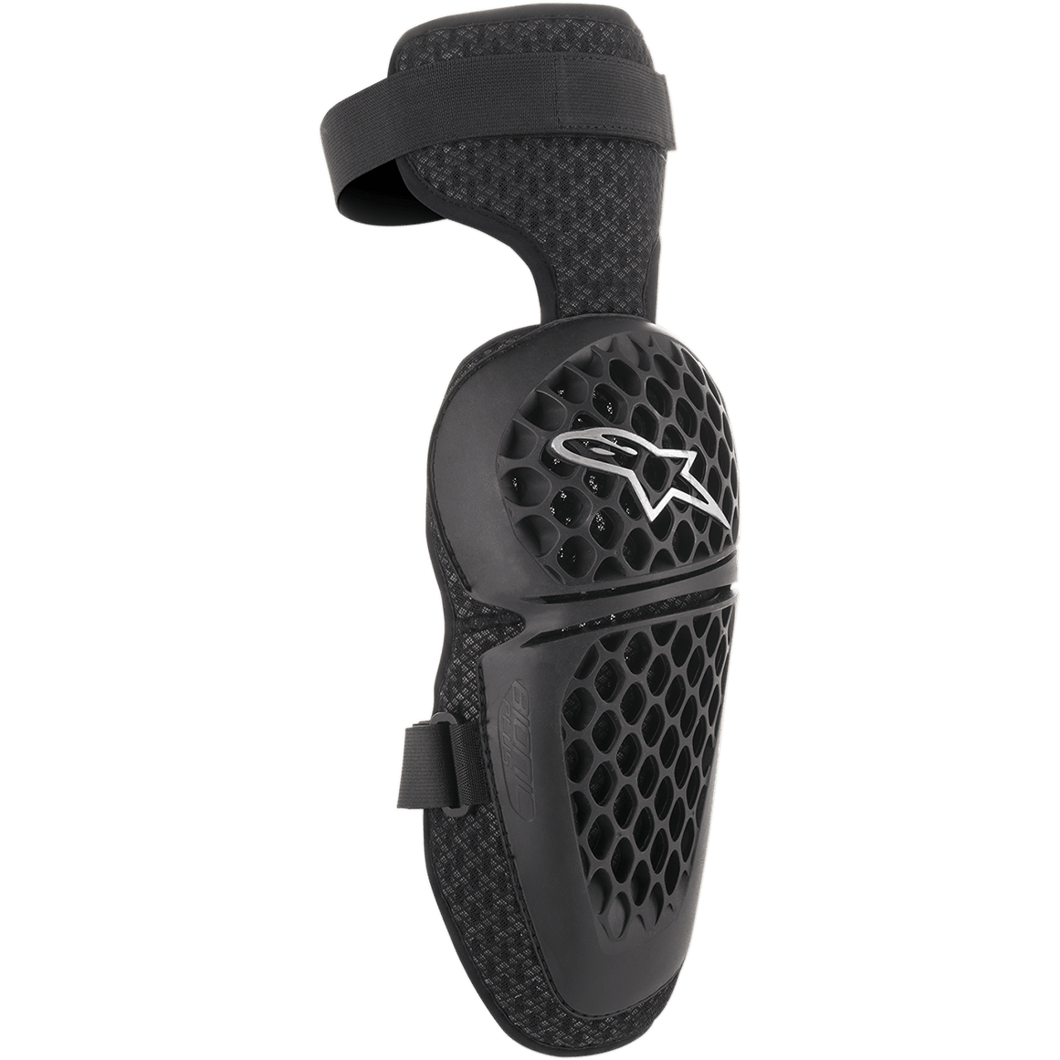 Alpinestars Youth Bionic Plus, rodilleras de protección para motocross y off-road, negras con carcasa de patrón de panal y logotipo de estrella blanco, cierre ajustable de doble correa y forro de malla 3D para ventilación