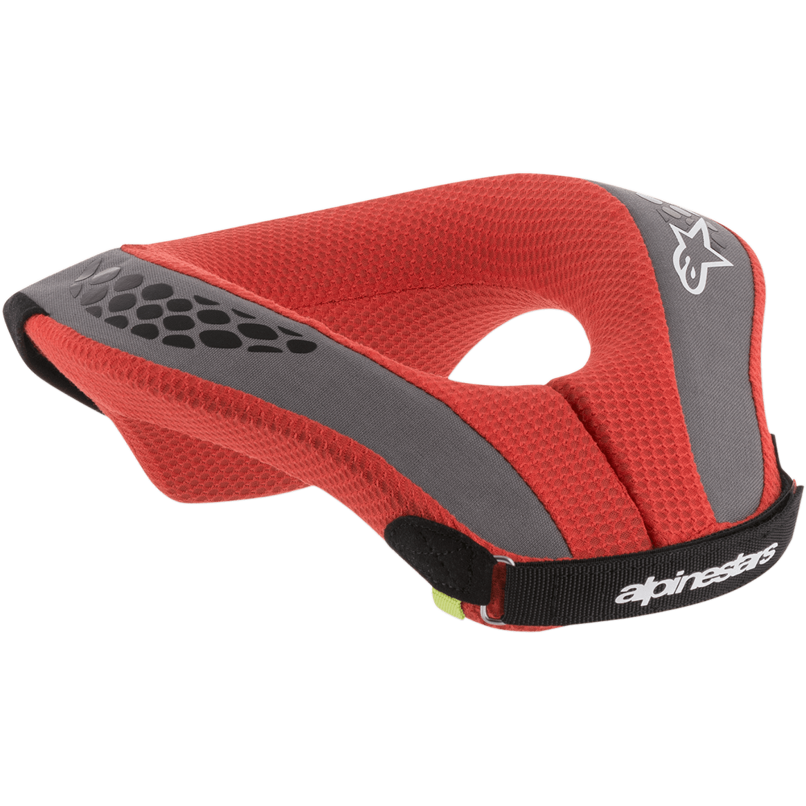Alpinestars Youth Sequence Neck Roll, Motocross Neck Brace, Red and Gray, featuring red mesh padding with gray accents and a black strap, white branding and logo details, ergonomic protection for young riders