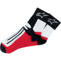 Alpinestars Road Racing Socks Over-Ankle, calcetines de carreras para motociclismo, negros, blancos y rojos, con el logo de la estrella blanca en el puño negro, rayas negras en la sección blanca del pie, paneles rojos, diseño de rendimiento atlético para deportes de motor