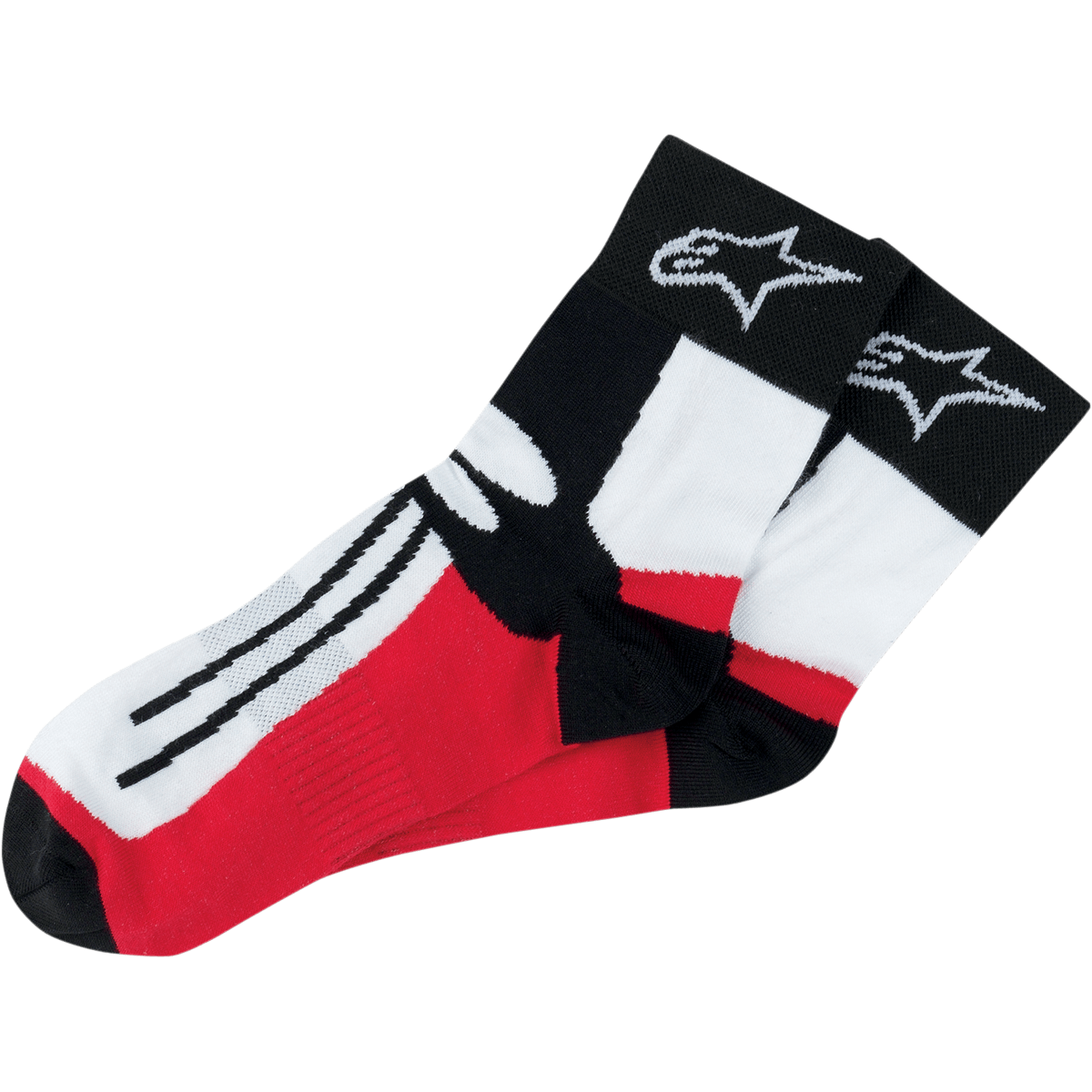 Alpinestars Road Racing Socks Over-Ankle, calcetines de carreras para motociclismo, negros, blancos y rojos, con el logo de la estrella blanca en el puño negro, rayas negras en la sección blanca del pie, paneles rojos, diseño de rendimiento atlético para deportes de motor