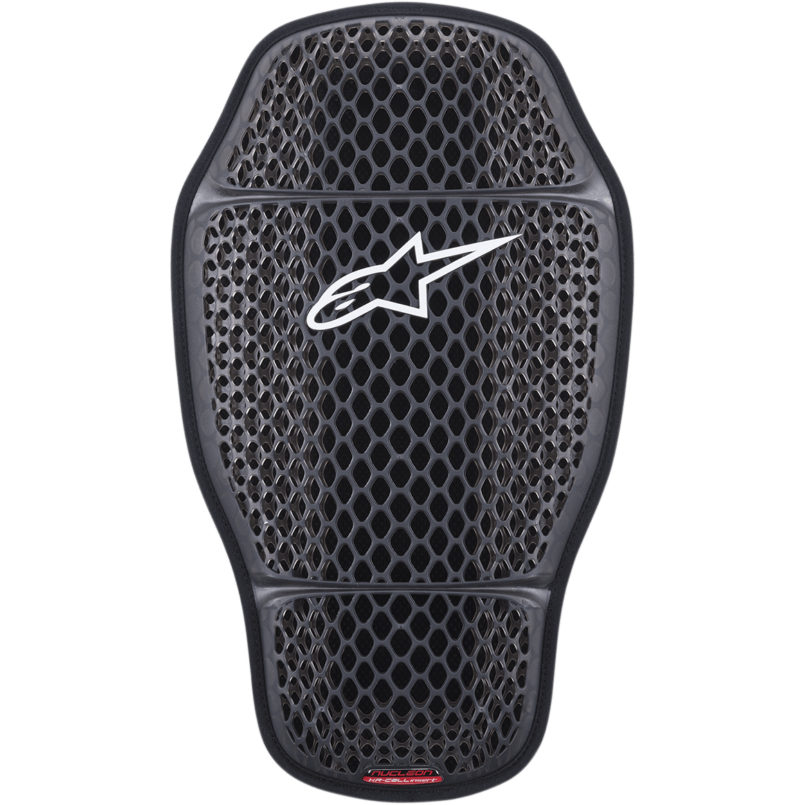 Alpinestars Nucleon KR-CELLi Back Protection Insert, Motorcycle Back Protector, Transparent Smoke Gray, honeycomb mesh design with white Alpinestars logo, ergonomic contoured shape, triple-segmented articulated shell for maximum airflow