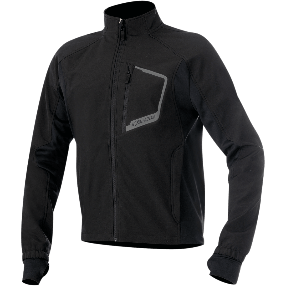 Alpinestars Tech Layer Top, chaqueta de capa base negra para motociclismo, mangas largas con puños de Lycra sin costuras y orificios para los pulgares, cuello alto, bolsillo vertical con cremallera en el pecho con borde gris reflectante y marca Alpinestars, cremallera frontal completa, tejido técnico cortaviento