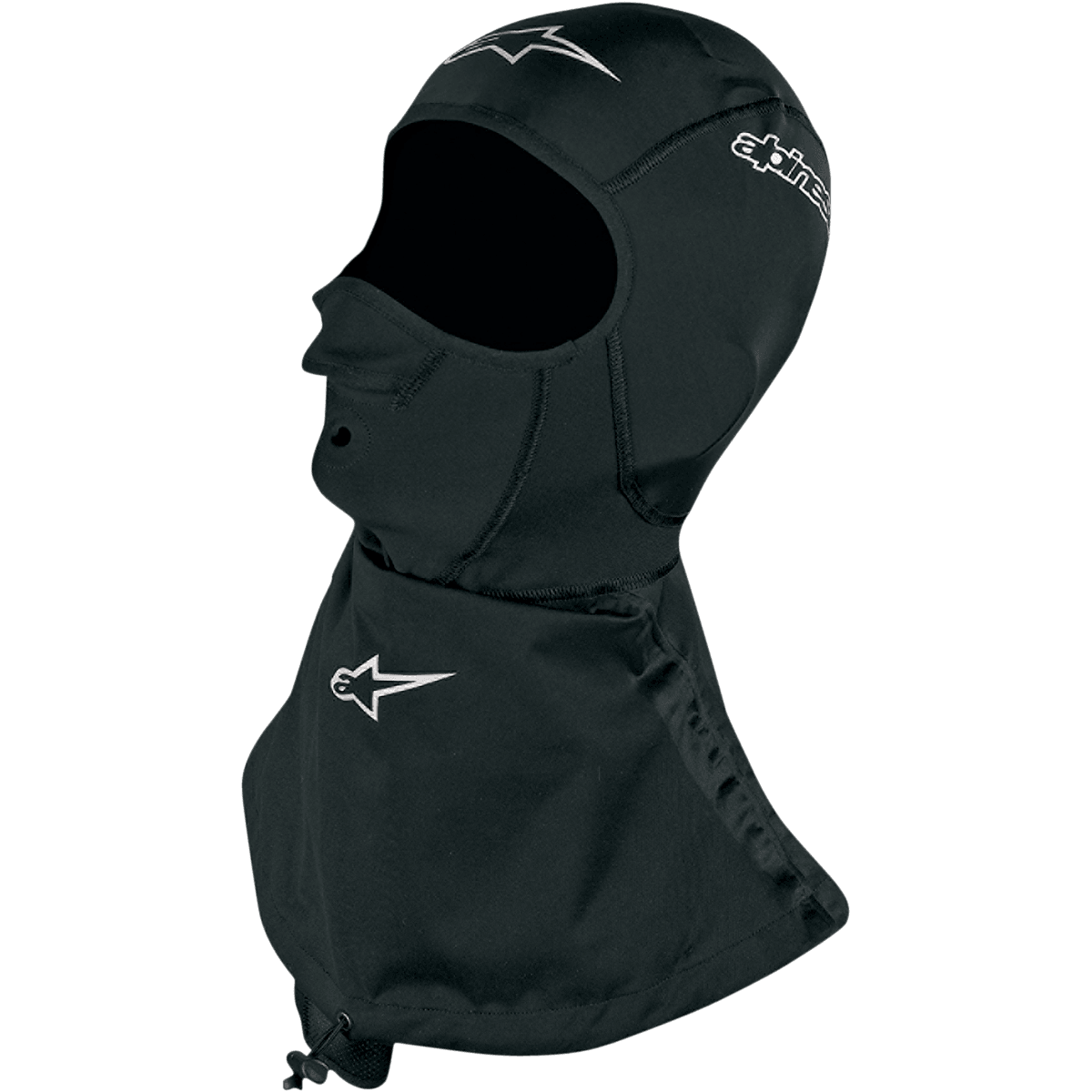 Alpinestars Winter Touring Balaclava, Black motorcycle balaclava with white logos, features an extended waterproof neck skirt, flat-lock seams and nose ventilation holes, cold weather under-helmet protection