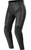 Alpinestars Stella Vika V2, pantalones de cuero para moto de mujer, negros, confección en cuero premium con paneles elásticos de aramida, diseño ajustado para una silueta favorecedora, protección con certificación CE, equipamiento elegante para conducción urbana