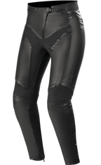 Alpinestars Stella Vika V2, pantalones de cuero para moto de mujer, negros, confección en cuero premium con paneles elásticos de aramida, diseño ajustado para una silueta favorecedora, protección con certificación CE, equipamiento elegante para conducción urbana